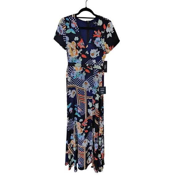 Lulus Navy Floral Maxi Wrap Dress With Short Sleeves & V-Neckline - Picture 1 of 6